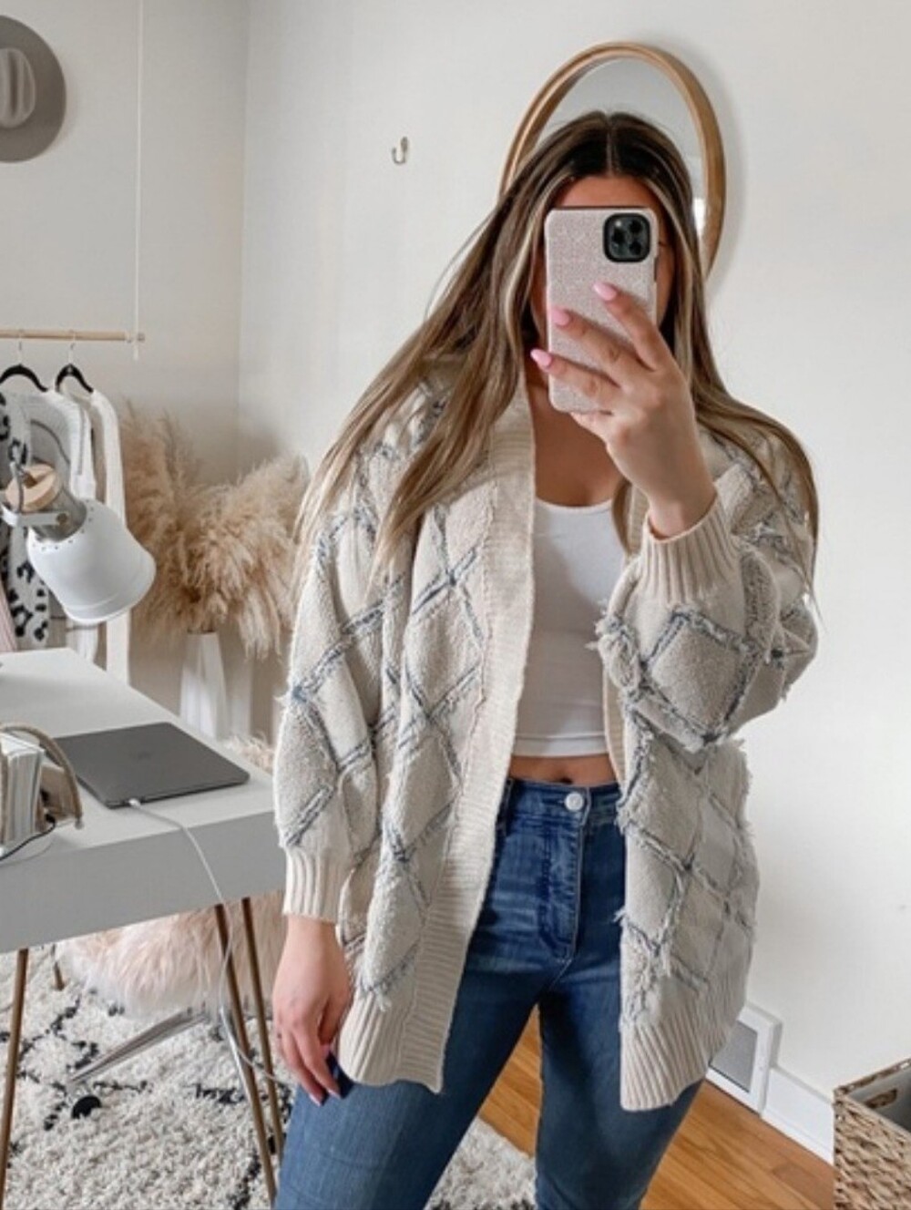Gilded Intent Pulled Stitched Blue Cream Balloon Sleeved  Cardigan Sweater